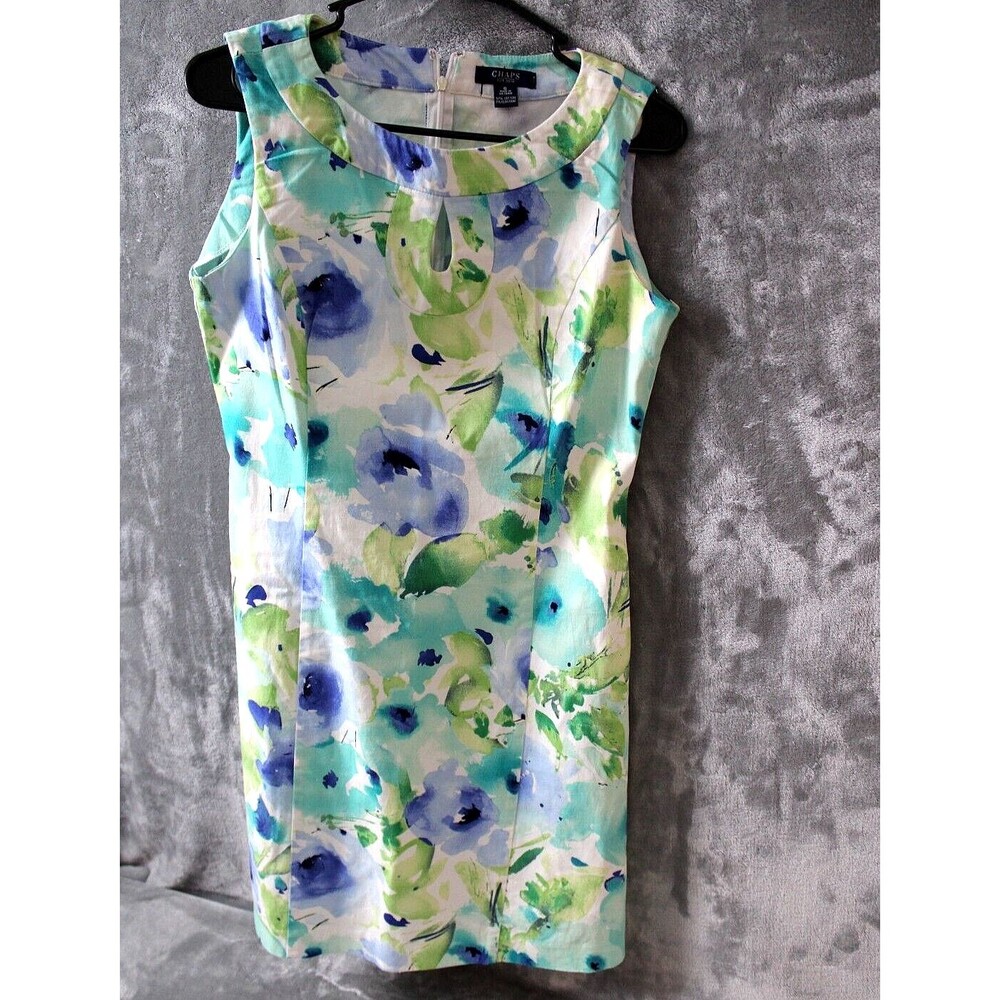 Chaps Sleeveless Key Hole Floral Blues Greens Knee Length Dress Women Size 6